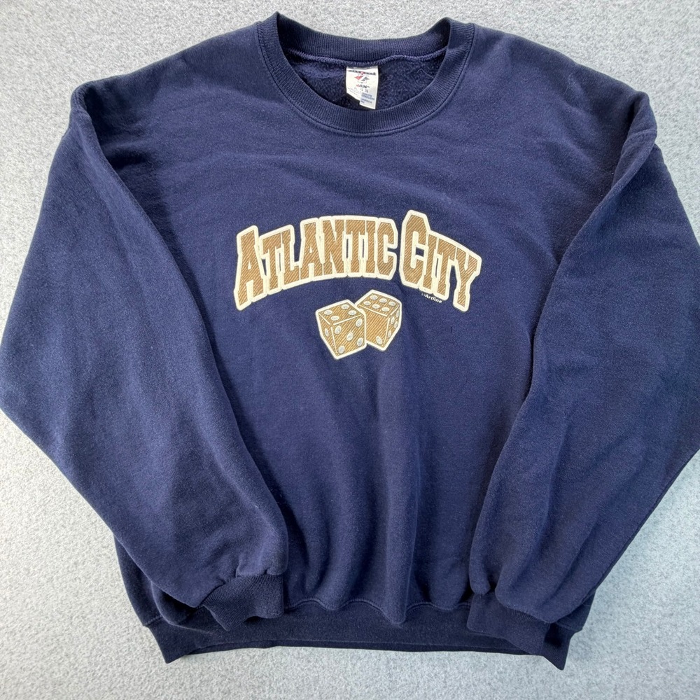 Vintage Jerzees NuBlend Atlantic City Dice Sweatshirt Navy Blue Mens XL 90s